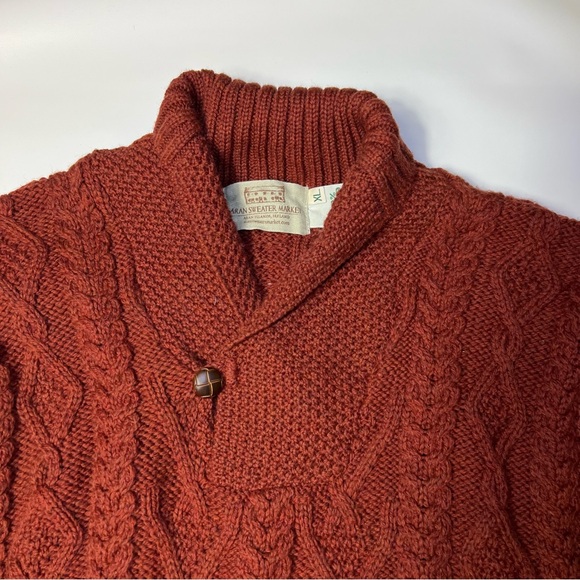 Aran Shawl Collar Sweater One Button Fisherman chunky knit brown size XL - Picture 4 of 7